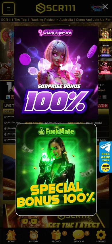 Scr111 Casino mobile games area with categories and search