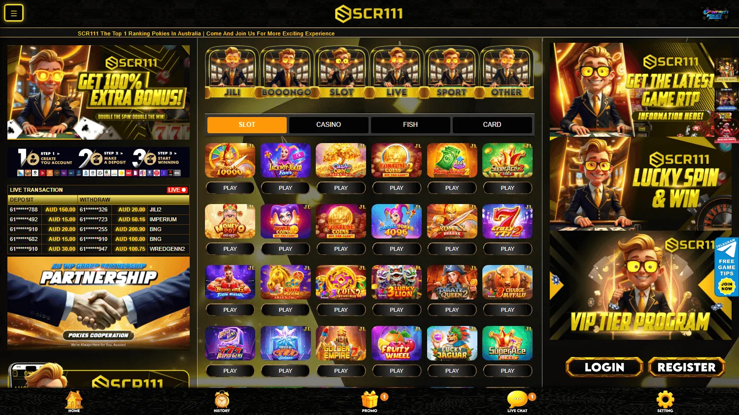 Scr111 Casino desktop games area with casino categories and game search