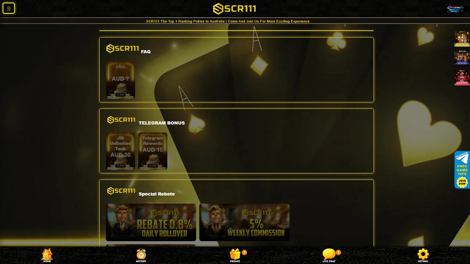 Scr111 Casino desktop promotions area with bonus and player offers