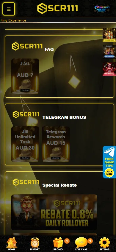 Scr111 Casino mobile promotions area with player offers
