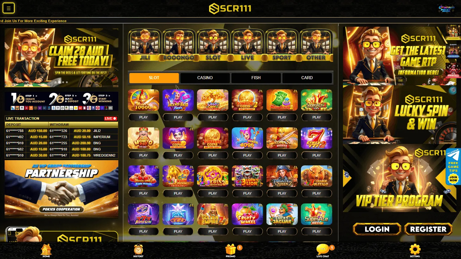 Scr111 Casino desktop home with the casino offer and AUD player access
